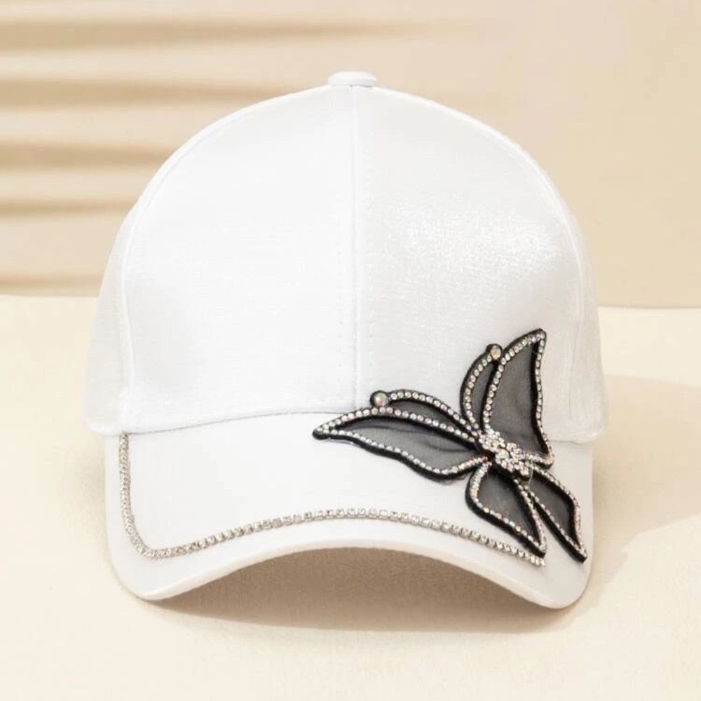 White Rhinestone & Butterfly Decor Baseball Cap